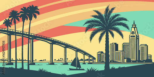 San Diego Skyline Silhouette Vector with Coronado Bridge 