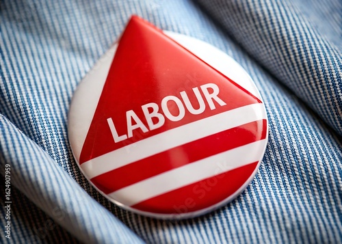 Red and white labour party badge pinned to blue denim clothing