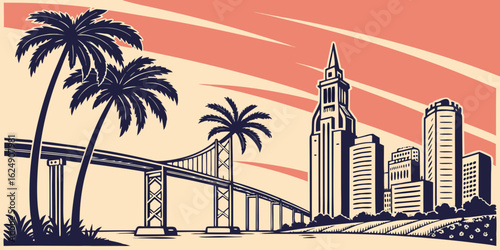 San Diego Skyline Silhouette Vector with Coronado Bridge 