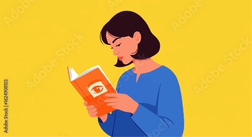Woman reading a book. Concept on education, self-directed learning. Colorful, flat vector illustration on yellow background. Character design, vertical layout