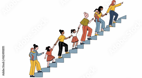 Women, girls climbing stairs, supporting, helping each other to make their way to the top. Womanhood, connection, solidarity, empowerment. Concept illustration on representation and inclusiveness