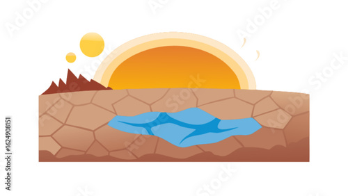 Climate change and drought illustration showing cracked earth and dwindling water resources problem landscape