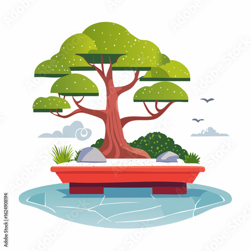Stylized illustration of a traditional Japanese bonsai tree in a red pot resting on a cracked icy surface with birds flying overhead.