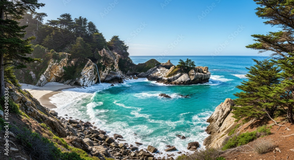 Fototapeta premium Dramatic coastal cliffs and turquoise ocean waves crashing on a secluded beach
