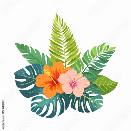 Vibrant Tropical Floral Arrangement Featuring Hibiscus Flowers and Lush Exotic Leaves in a Decorative Botanical Design