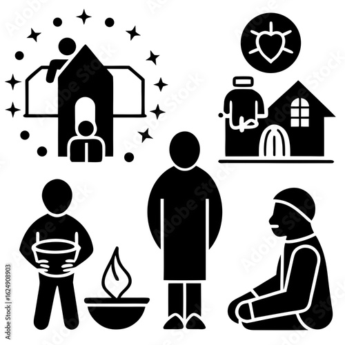 Emotional vector images on the topic of social inequality:
silhouettes of homeless people
symbols of help
infographic elements
Monochrome execution with accents.