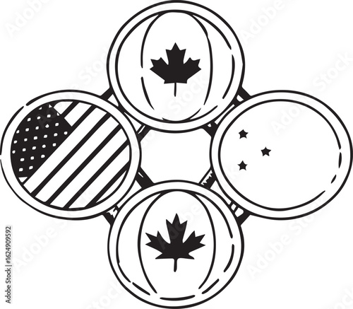 Global Trade and Relationships: Hand-Drawn Icons of USA, Canada, and China in Interconnected Circles
