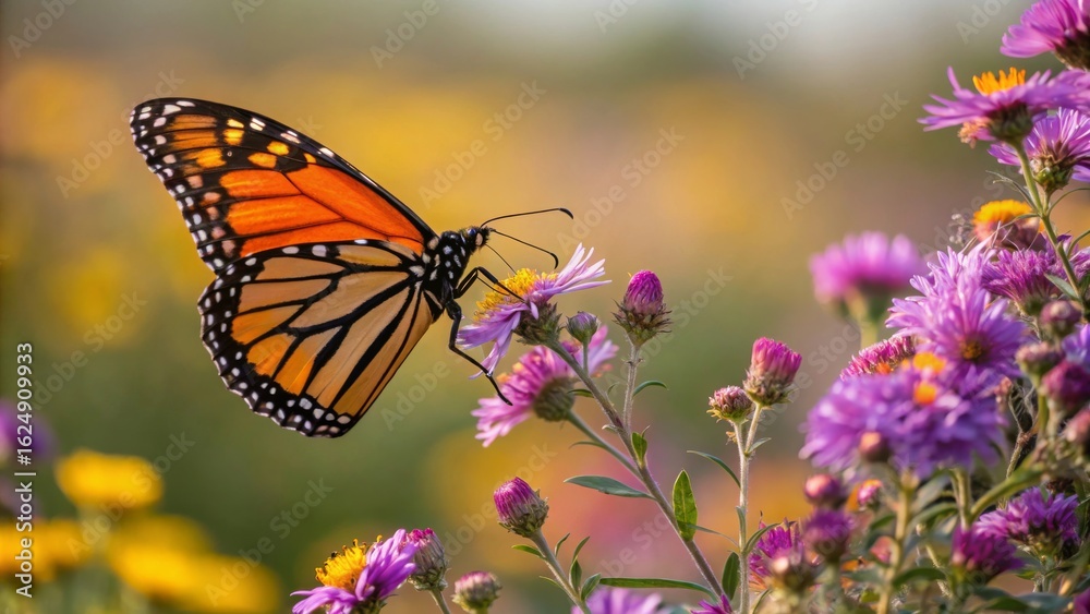 Fototapeta premium Monarch Butterfly on Colorful Flower in a Vibrant Garden Scene