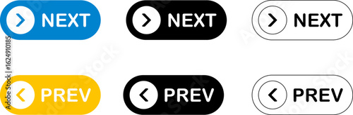 Next and previous navigation button icons in different color styles, isolated vector UI elements for web or mobile design projects