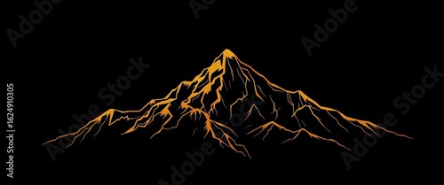 Elegant gold mountain peak line art on black background, geometric, illustration