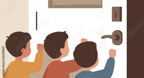 Minimalist flat vector children knocking on doors
