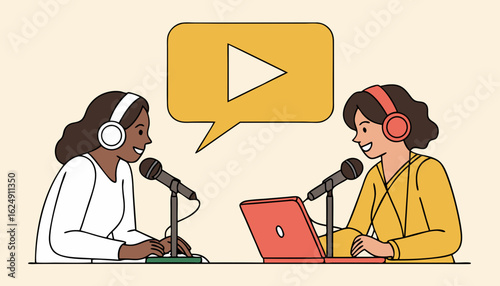 People record podcast. Two women sitting with laprops near microphones. Radio hosts with equipment. Young girls create interesting content and audio files. Cartoon flat vector illustration