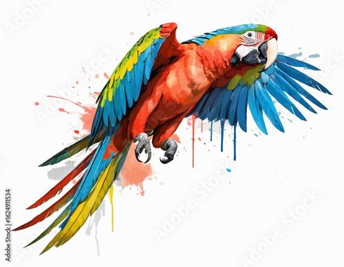 The artwork of Macaw is set against a clean white background, which is dynamically broken up by splashes and drips of paint in various colors, including red, orange, and yellow.  (1)