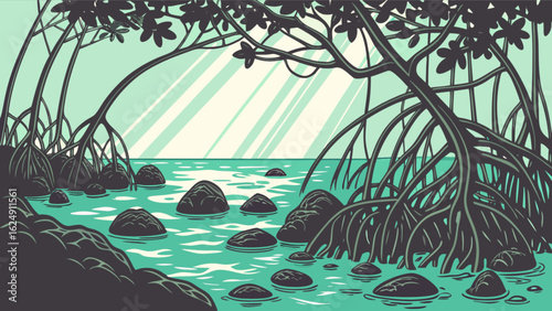 Mangrove forest illustration with roots in water and sun rays shining through the trees landscape scene art