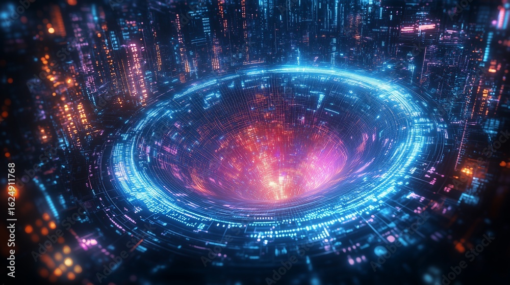 Obraz premium A futuristic cyberpunk cityscape with a swirling vortex of blue and pink light at its center.