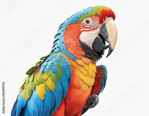 The artwork of Macaw is set against a clean white background, which is dynamically broken up by splashes and drips of paint in various colors, including red, orange, and yellow.  (1)