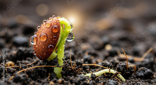Macro close-up of seed germination revealing delicate root hairs breaking through moist soil, early shoot growth, and the transformation from seed to seedling under soft natural sunlight in hyperreali