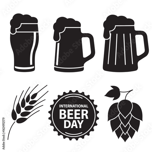 Black beer icons with barley hops and bottle cap drink beverage