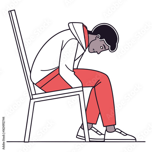 A young man in a hoodie and red pants sits slumped on a chair with his head down