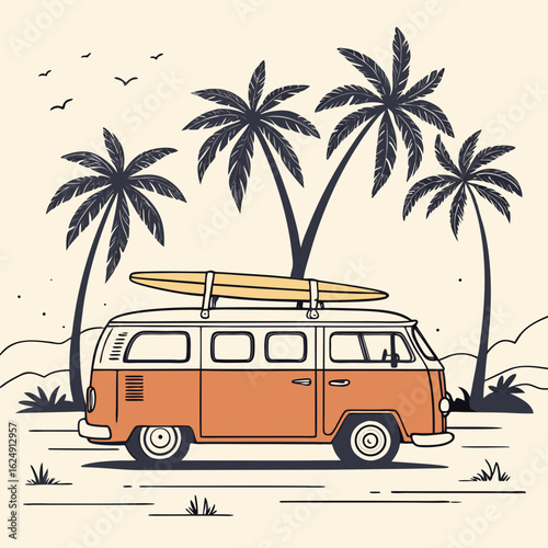 Retro orange camper van with surfboard on roof under palm trees on a sunny beach day