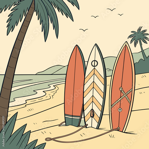 Three colorful surfboards stand ready on a sandy beach with palm trees and gentle waves