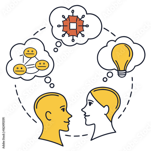 Two people with thought bubbles showing collaboration ideas and networking concepts in a conceptual illustration