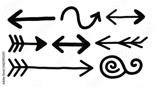 Illustration of various handdrawn arrow elements and directional markers isolated on white background
