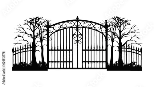 Spooky halloween gate vector illustration for haunted house entrance design and scary theme decoration use