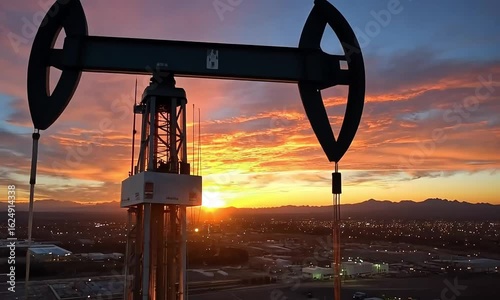 Oil pump jack at sunset over a city