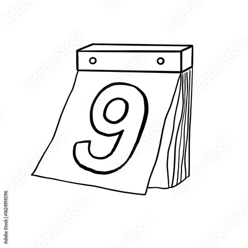 Illustration of a vintage calendar show date nineth with black outline.