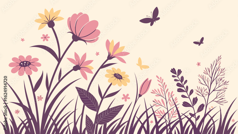 Obraz premium Illustration of a field with pink and yellow flowers grass and butterflies on a light beige background art