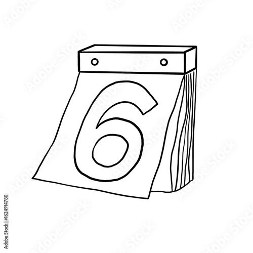 Illustration of a vintage paper calendar of date sixth in black outline