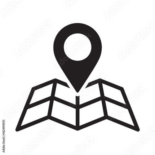 Black map pin on folded map icon location navigation
