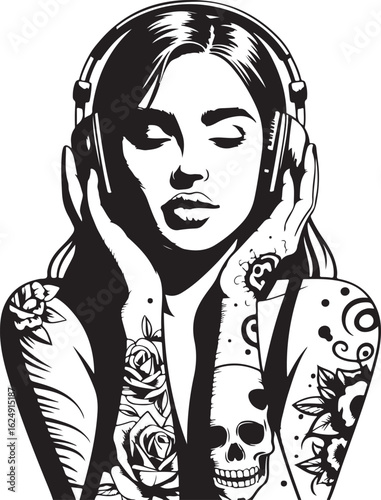Woman wearing headphones with tattoos of roses and skull music listening