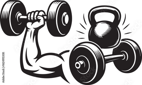 Muscular arm lifting dumbbell kettlebell weights vector