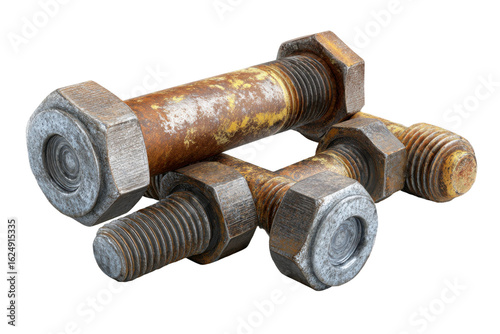Rusty industrial bolts workshop product photography close-up metal. Isolated on transparent background, png.