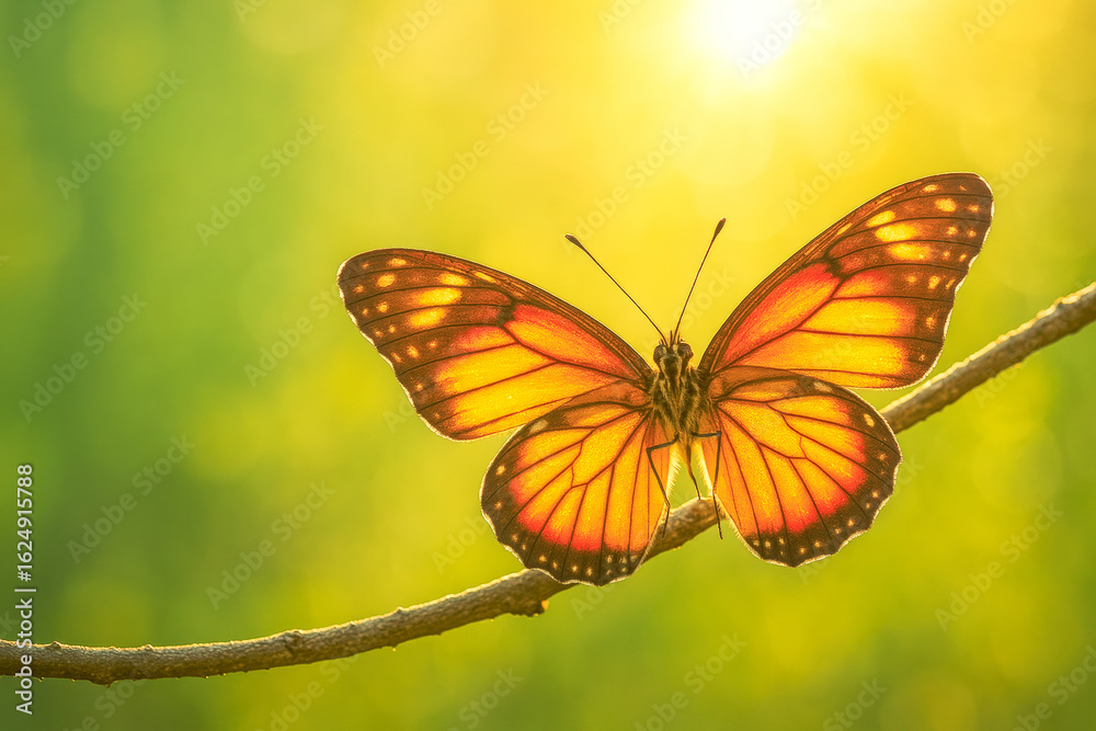 Fototapeta premium Ultra-crisp photo of a vibrant monarch butterfly perched gently on a thin branch, its wings fully open and glowing in the warm, radiant sunlight. The softly blurred green and yellow background