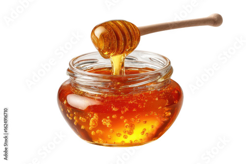 Pouring golden honey into jar kitchen food photography bright close-up. Isolated on transparent background, png.
