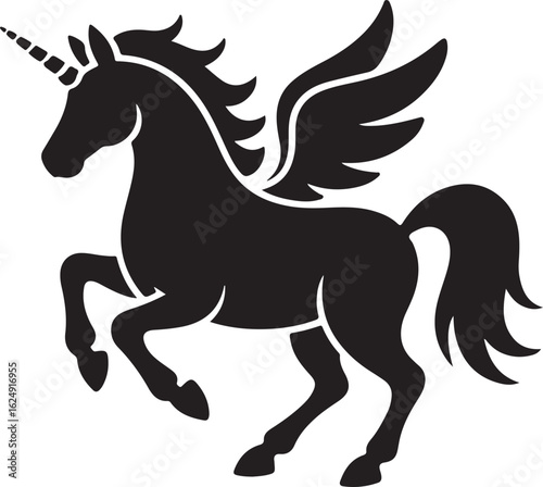 Black winged unicorn silhouette prancing pegasus horse