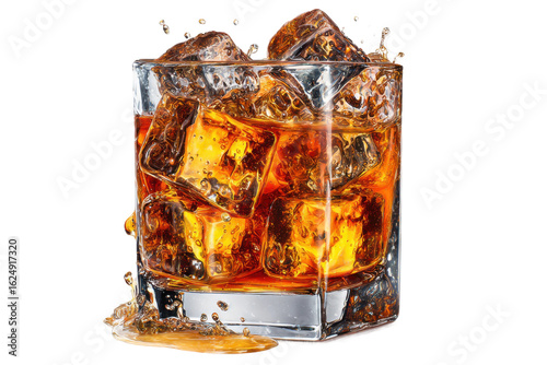 Refreshing whiskey on rocks bar setting beverage photography close-up. Isolated on transparent background, png.