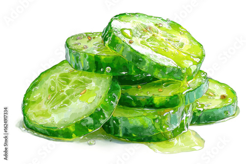 Refreshing cucumber slices kitchen food art bright environment. Isolated on transparent background, png.
