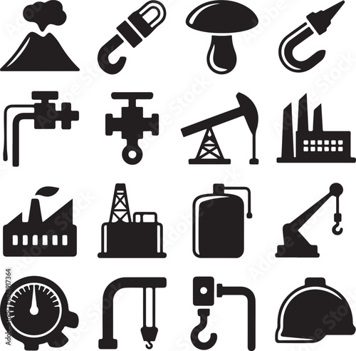 Industrial equipment and natural disaster icons volcano smoke