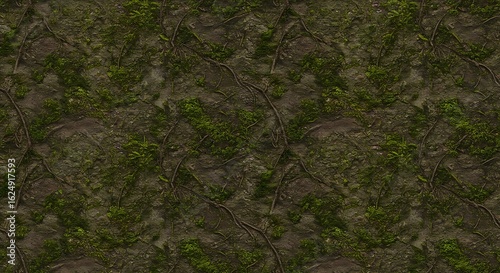 Seamless texture of a mossy forest floor with earthy ground and rocks. A detailed, natural, tileable background with green vegetation.