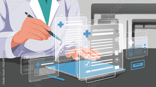 Doctor Filling Out Medical Forms on a Tablet with Digital Overlays and Checks