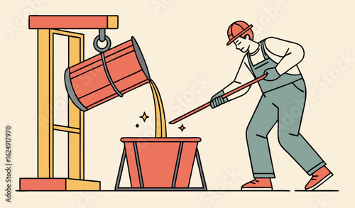 Male character is working in metallurgy industry. Concept of resource mining, smelting of metal in big foundry, hot steel pouring in steel plant. Metallurgy process. Flat cartoon vector illustration