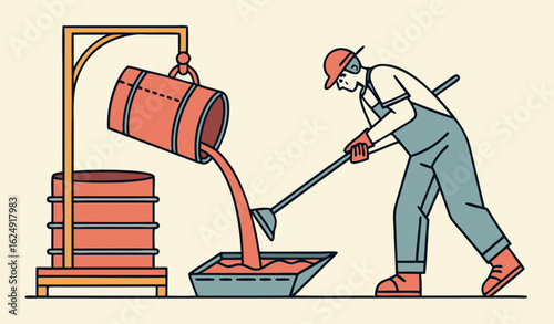 Male character is working in metallurgy industry. Concept of resource mining, smelting of metal in big foundry, hot steel pouring in steel plant. Metallurgy process. Flat cartoon vector illustration