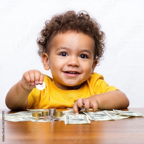 Smiling hispanic toddler with coins and bills on wooden table