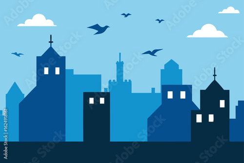 skyline with birds flying over rooftops   (1).eps
