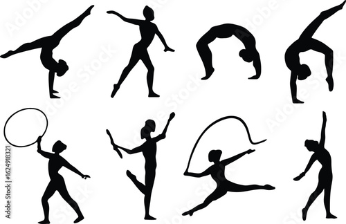 Rhythmic Gymnastics Silhouette Vector Set – Acrobatics, Flexibility, Ribbon, Hoop, Clubs, and Ball Routines – Female Gymnasts Performing Balances, Splits, Handstands, and Leaps – Ideal for Sports Logo