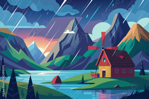 Rainy Fjord Scene with Windmill and Colorful Background 